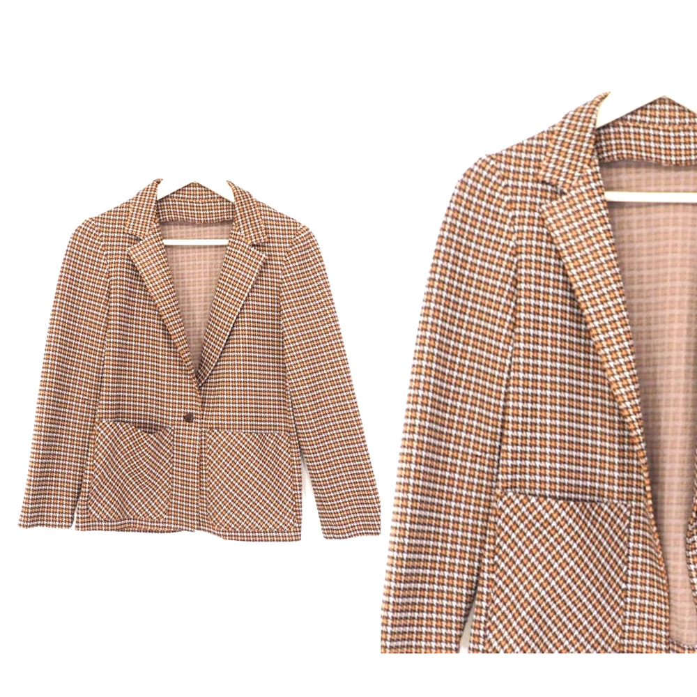 70s Vintage Cropped Brown Houndstooth Blazer‎ Size Small